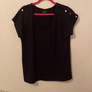 Worthington Black CapSleeve V-Neck Top + Gold Buttons on the shoulders [Size XL]